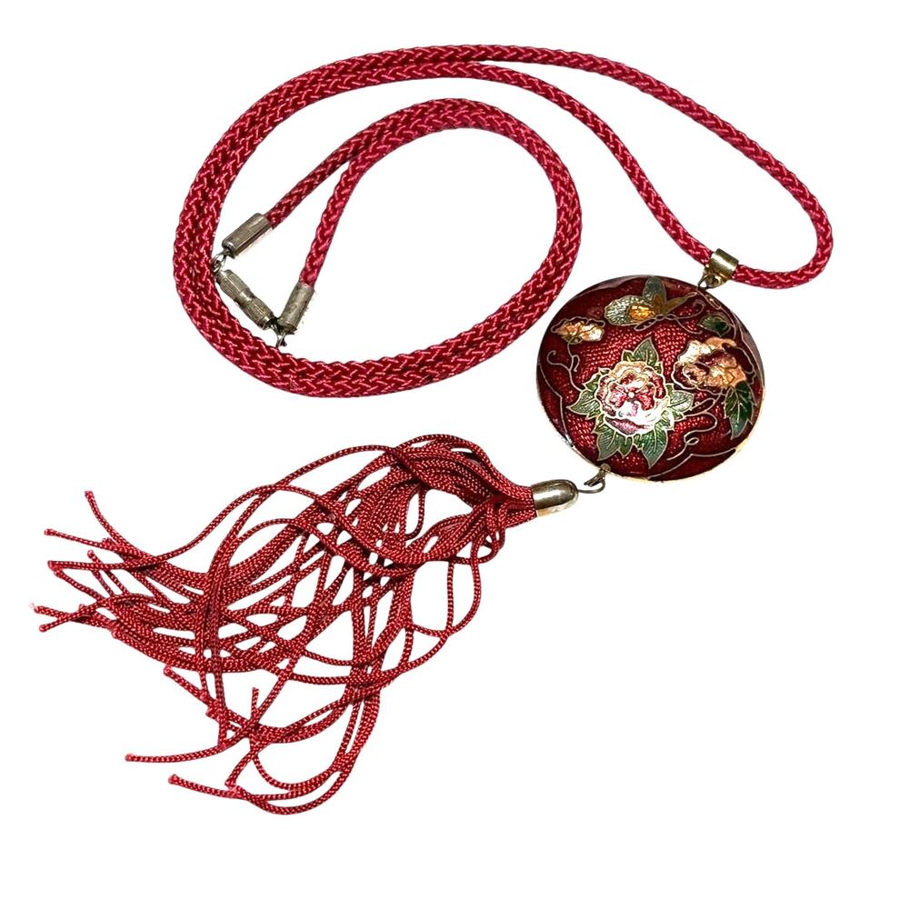 Vintage Asian Cloisonne Pendant Tassel Necklace Red Enamel Butterfly Poppy